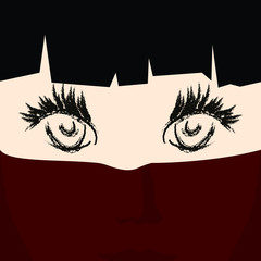 Face of a Young Girl under a Veil, Girl Eyes and Face Closes Red Voile, Vector Illustration