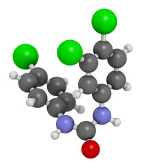 Triclocarban antibacterial agent molecule. 3D rendering.  
