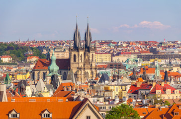 Aerial view over Church of Our Lady before Tyn at Old Town square in Prague, Czech Republic