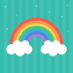 Flat design, cartoon rainbow with clouds on stripe mint green background.