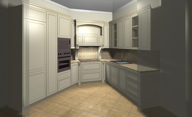 classic beige interior design of furniture for kitchen 3D rendering 