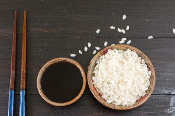 Rice soy sauce and chopsticks