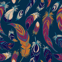 Pattern feathers and beads. Native american indian dream catcher, traditional symbol. Feathers and beads on color background. Vector decorative elements hippie.