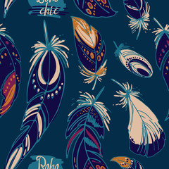 Fototapeta na wymiar Pattern feathers and beads. Native american indian dream catcher, traditional symbol. Feathers and beads on color background. Vector decorative elements hippie.