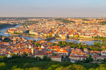 Fototapeta na wymiar Panorama of Vltava and Charles Bridge from above on sunny day, Czech Republic