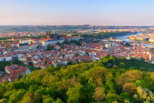 View of Prague Castle with St. Vitus Cathedral from Petrin Tower, Czech Republic