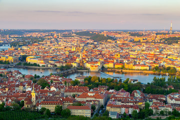 Panorama of Vltava and Charles Bridge from above on sunny day, Czech Republic