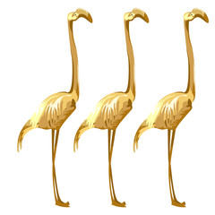 Three Golden birds flamingos on a white background