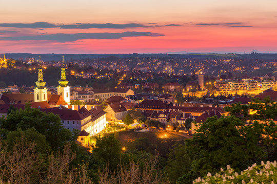 View of Strahov Monastery in Prague at blue hour, Czech Republic