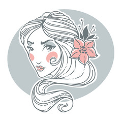 romantic beauty woman portrait, hand drawn doodle image