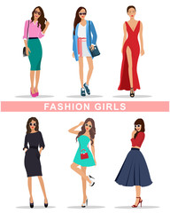 Stylish fashion girls with accessories. Fashion women's clothes. Beautiful girls set. Flat style vector illustration.