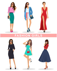 Fototapeta premium Stylish fashion girls with accessories. Fashion women's clothes. Beautiful girls set. Flat style vector illustration.
