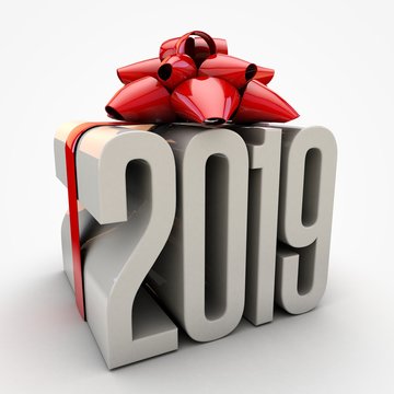 3D Illustration Of 2019 Text Wrapped Up With Red Ribbon And Bow
