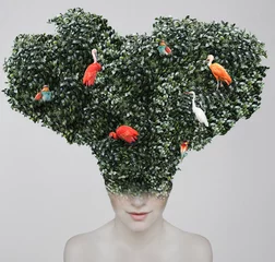 Rolgordijnen Woman with leafy bird head © vali_111