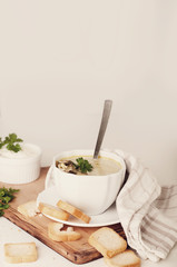 creamy soup with croutons