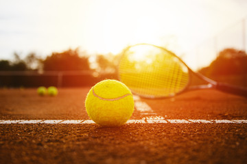 Tennis equpment on clay court