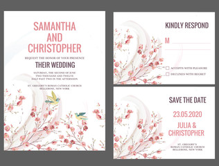 Fototapeta na wymiar Watercolor Wedding Invitation Card with branches and love birds 