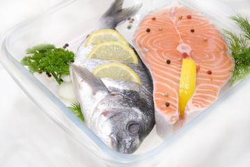 salmon in a glass container