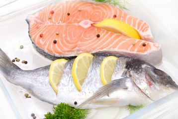 salmon in a glass container