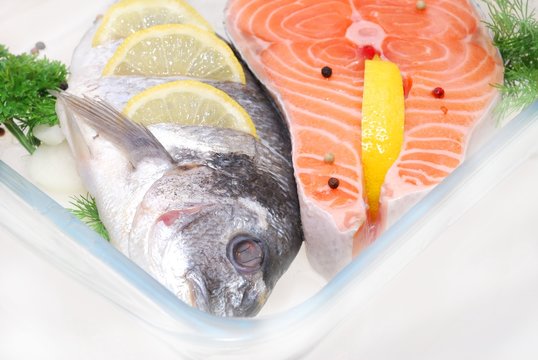 salmon in a glass container