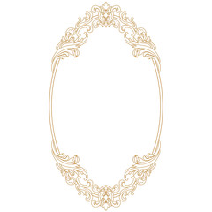 Golden oval vintage frame. Oval mirror. Oval border. Decorative frame. Invitation frame. Menu frame. Retro frame. Graphic frame. Vignette frame. Ellipse frame. Ornamental frame. Filigree frame. Vector