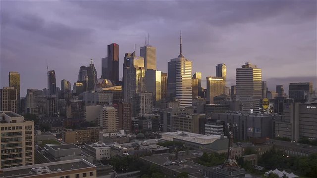 The financial district of Toronto at sunset.