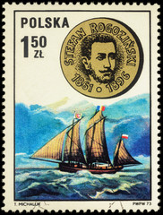 Polish explorer Stefan Rogozinski and sailing ship on postage st