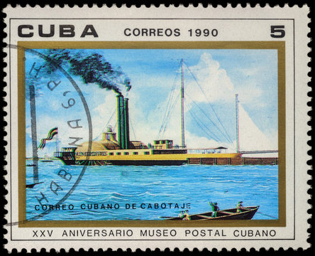 Old paddle steamer "Almendares" on postage stamp