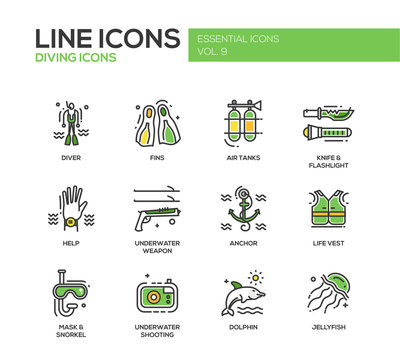Scuba Diving line design icons set