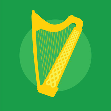 Silhouette of Celtic Harp with ornament on green background 