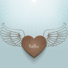 Wooden heart flying in the blue skies