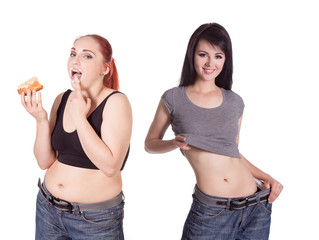 Comparison of thin woman  and a fat woman. Before and after weight loss. rejuvenation. Concept diet...