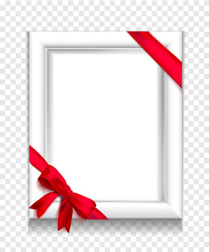 White photo frame vector isolated with red ribbon and bow