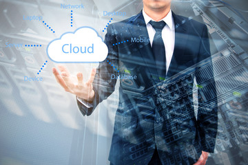 Double expoure of cloud computing concept on hand of a businessm
