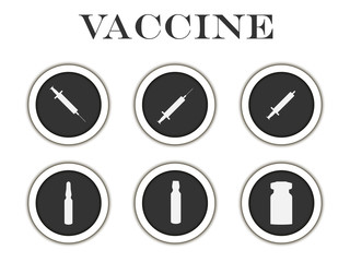 Syringe and vials. Syringe and ampules. Vaccine.  Black and white icons. Vector.