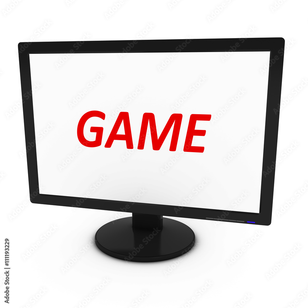 Poster red game text on computer screen - isolated on white - 3d illustration