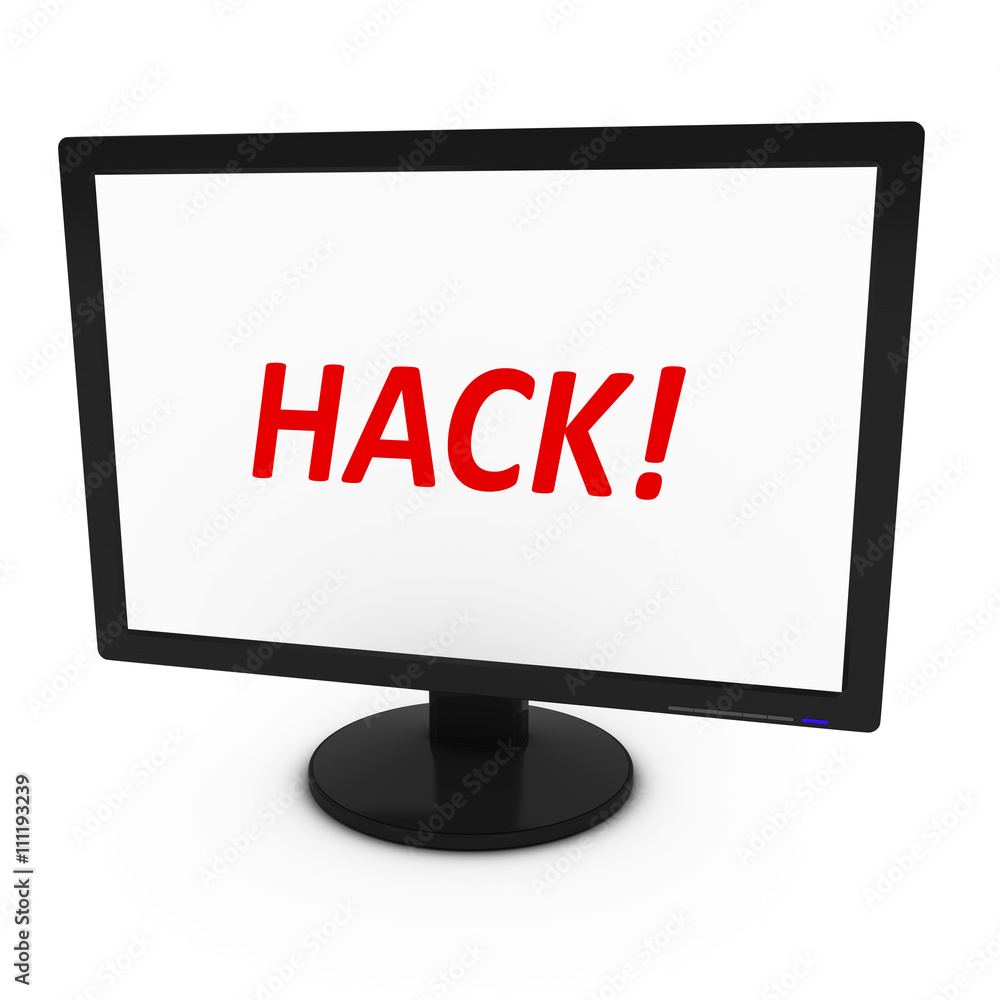 Poster red hack! text on computer screen - isolated on white - 3d illustration