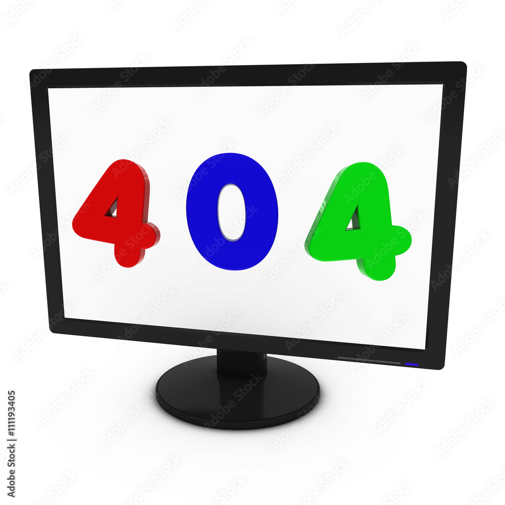 Poster coloured 404 image on computer screen - isolated on white