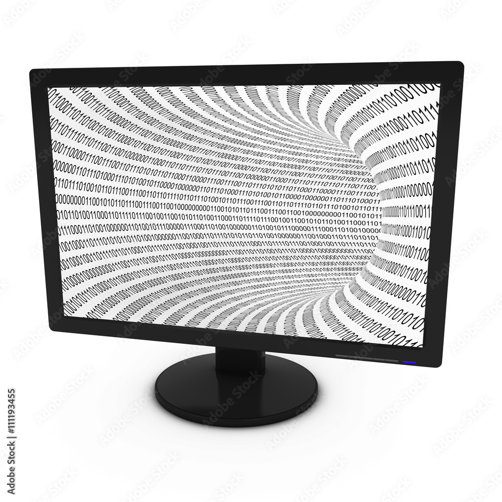 Poster black and white binary tunnel background on computer screen - 3d illustration