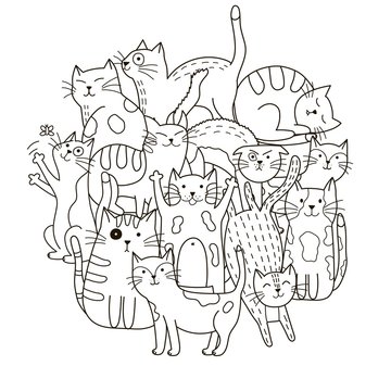 Circle shape pattern with cute cats for coloring book