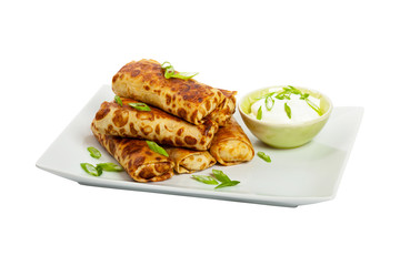 Traditional Russian Fried Stuffed Pancakes Isolated on White. Selective focus.