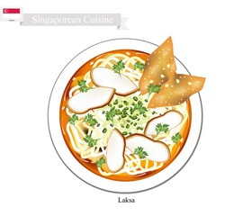 Laksa or Singaporean Noodle Soup with Dumpling and Meat Ball
