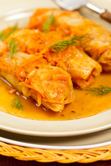 Stuffed Cabbage with tomato sauce. Selective focus.