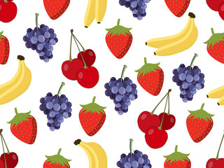 Set of seamless pattern with fruit. Pattern of bananas, cherries, strawberries and grapes. Vector background.