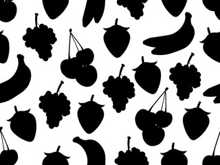 Set of seamless pattern with fruit. Black and white contour fruits. Vector background.