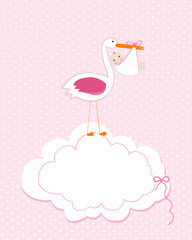 Baby girl with stork. Baby arrival greeting card. Baby shower invitation newborn baby illustration