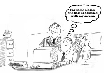 Business cartoon about a boss lurking over the employee's shoulder.