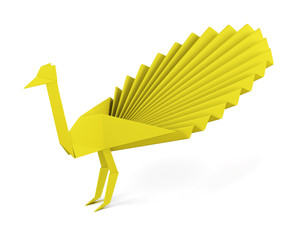 Obraz premium Origami peacock made of paper isolated on white background. Yellow paper peacock. Side view. 3d rendering