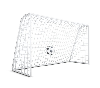 Soccer Ball In Net Isolated On White Background. Football Gate. 3d Rendering