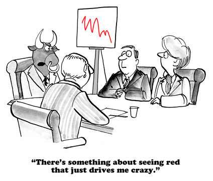 Business cartoon about declining financial performance and it drives the boss crazy.
